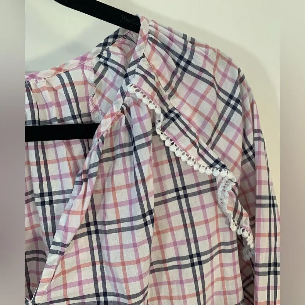J. Crew EUC white/black/purple plaid ruffled balloon sleeve blouse Size Medium